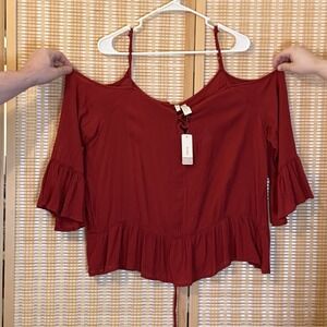 JAPNA Womans‎ M Top Cold Shoulder Red Bell Sleeve Boho Whimsigoth Cottagecore